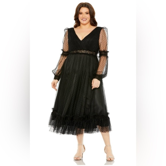 Mac Duggal 68567 Plus Size Long Sleeve Formal Midi Dress- Black- Size 20W - Picture 1 of 12